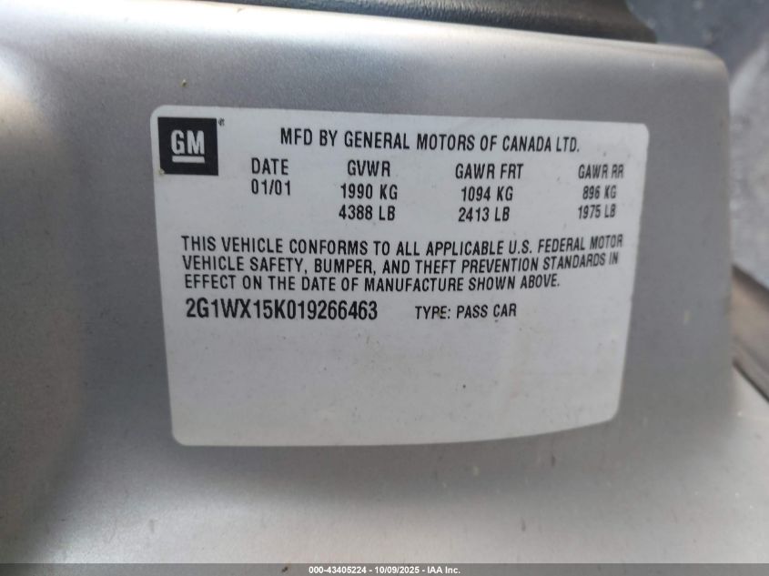 2001 Chevrolet Monte Carlo Ss VIN: 2G1WX15K019266463 Lot: 43405224