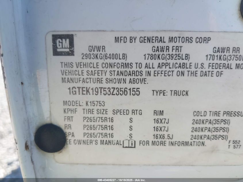 2003 GMC New Sierra K1500 VIN: 1GTEK19T53Z356155 Lot: 43405227