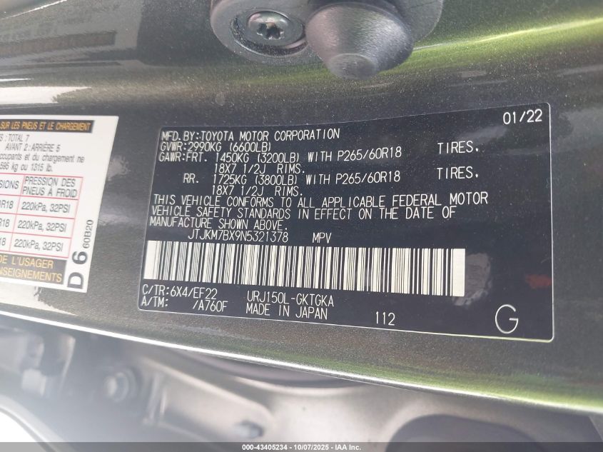 2022 Lexus Gx 460 VIN: JTJKM7BX9N5321378 Lot: 43405234