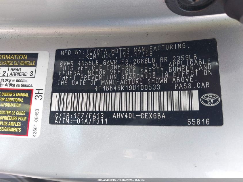 2009 Toyota Camry Hybrid VIN: 4T1BB46K19U100533 Lot: 43405245