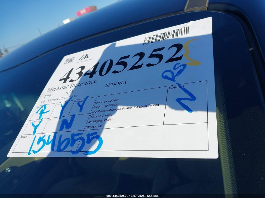 2016 Kia Sedona Lx VIN: KNDMB5C13G6215005 Lot: 43405252