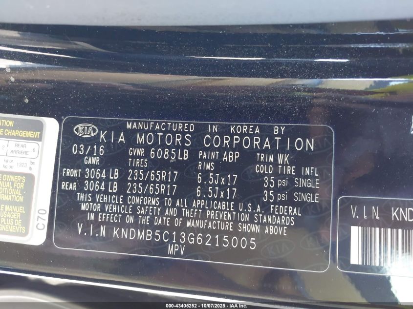 2016 Kia Sedona Lx VIN: KNDMB5C13G6215005 Lot: 43405252