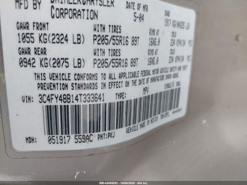2004 Chrysler Pt Cruiser VIN: 3C4FY48B14T333641 Lot: 43405253