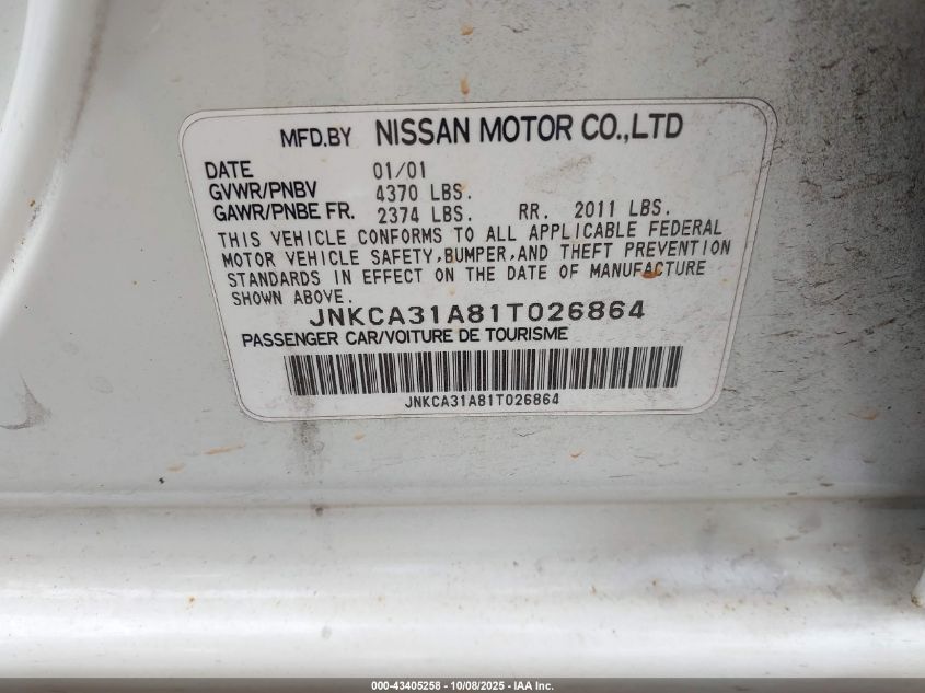 2001 Infiniti I30 Luxury VIN: JNKCA31A81T026864 Lot: 43405258