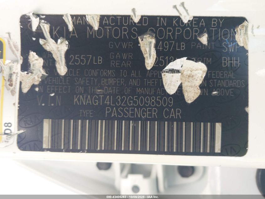 2016 Kia Optima Lx VIN: KNAGT4L32G5098509 Lot: 43405263