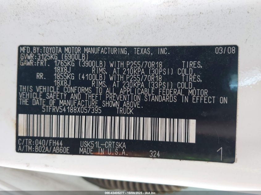 2008 Toyota Tundra Base 5.7L V8 VIN: 5TFRV54188X057395 Lot: 43405277