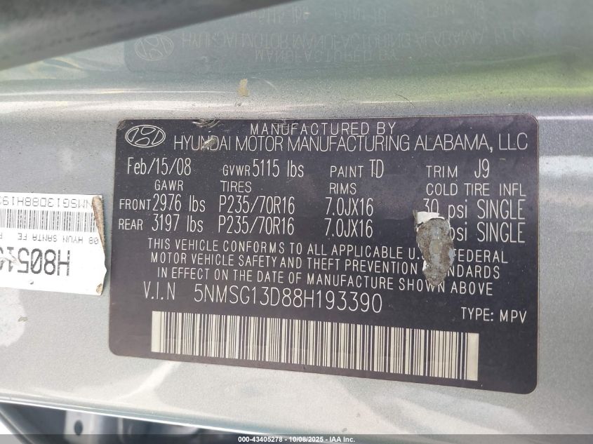 2008 Hyundai Santa Fe Gls VIN: 5NMSG13D88H193390 Lot: 43405278