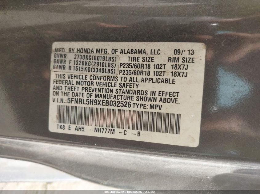 2014 Honda Odyssey Touring/Touring Elite VIN: 5FNRL5H9XEB032526 Lot: 43405282