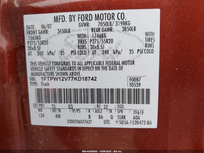 2007 Ford F150 Supercrew VIN: 1FTPW12V77KD18742 Lot: 43405285