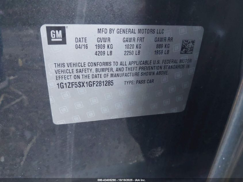 2016 Chevrolet Malibu 2Lt VIN: 1G1ZF5SX1GF281285 Lot: 43405298