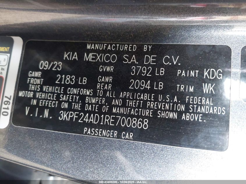 2024 Kia Forte Lxs VIN: 3KPF24AD1RE700868 Lot: 43405300