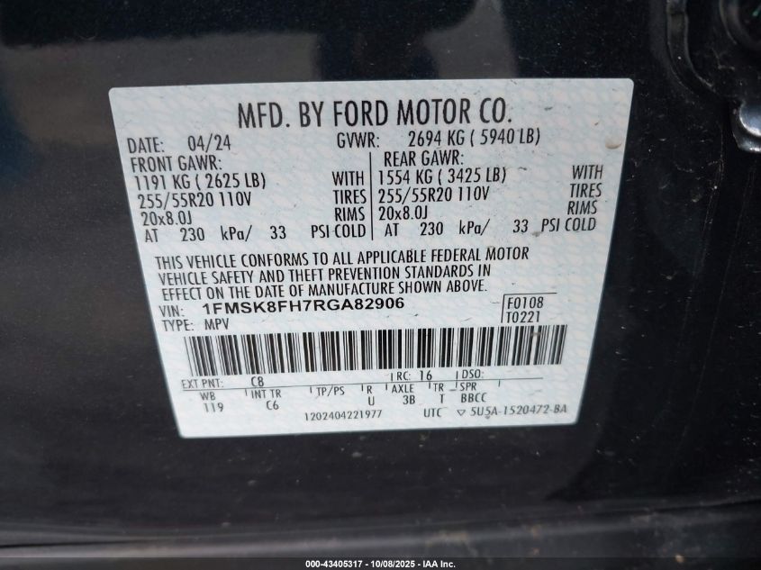 2024 Ford Explorer Limited VIN: 1FMSK8FH7RGA82906 Lot: 43405317