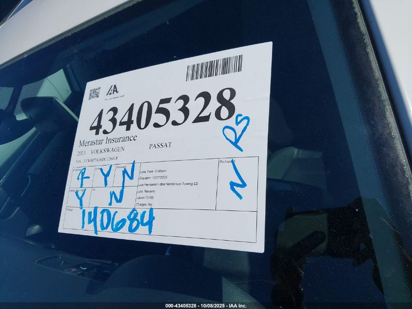 2013 Volkswagen Passat 2.5L Se VIN: 1VWBP7A36DC126418 Lot: 43405328