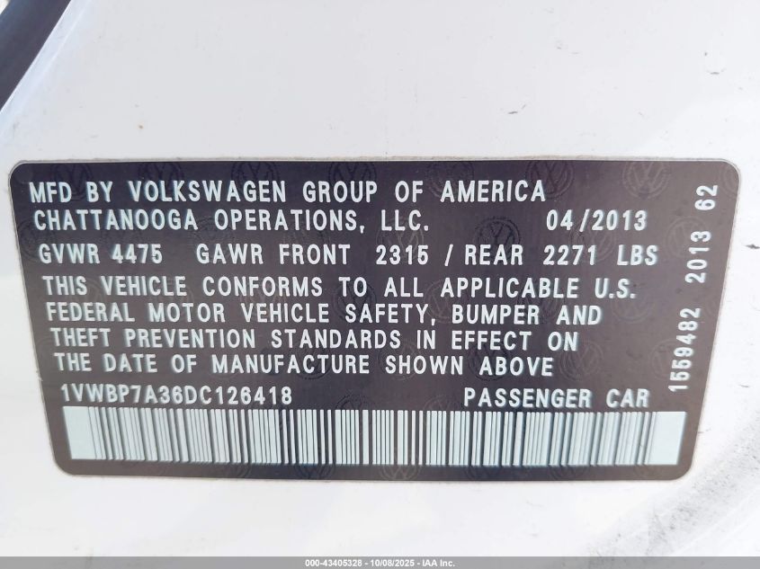 2013 Volkswagen Passat 2.5L Se VIN: 1VWBP7A36DC126418 Lot: 43405328