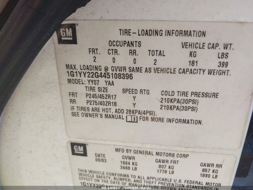 2004 Chevrolet Corvette VIN: 1G1YY22G445108396 Lot: 43405337