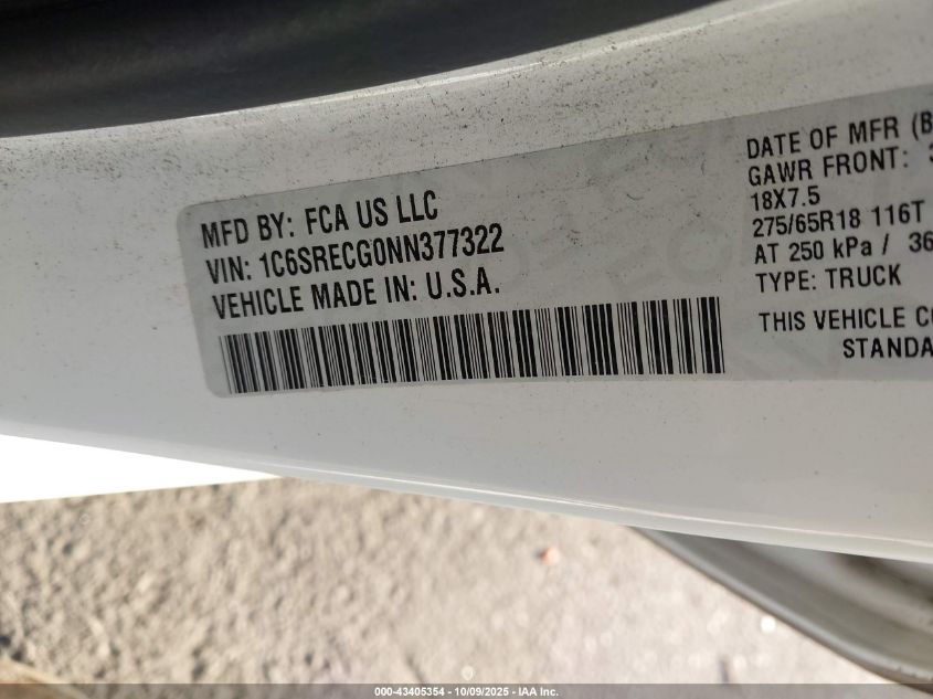 2022 Ram 1500 Tradesman 4X2 6'4 Box VIN: 1C6SRECG0NN377322 Lot: 43405354
