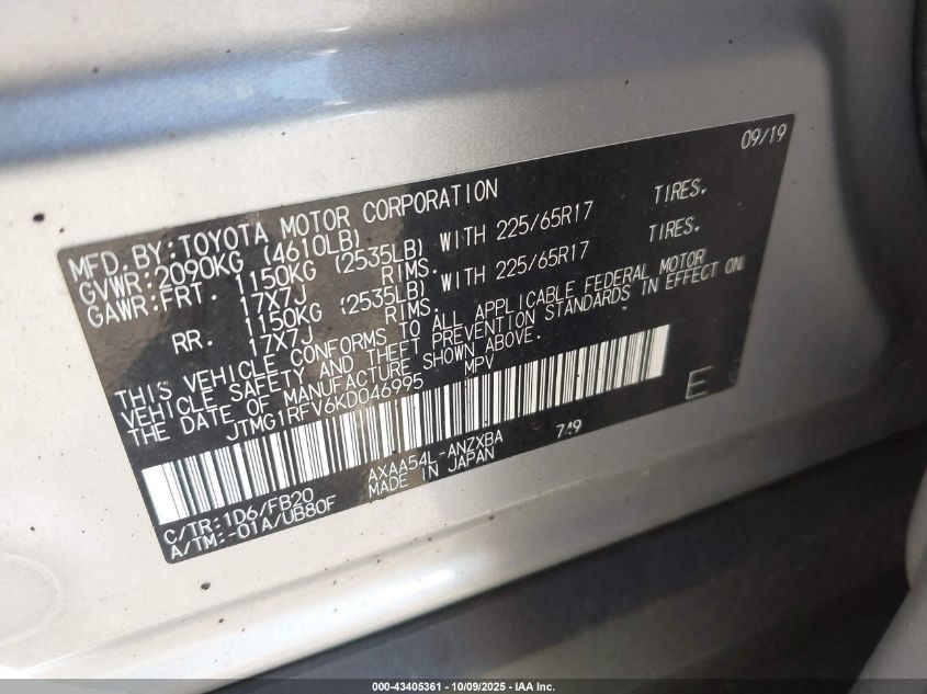 2019 Toyota Rav4 Le VIN: JTMG1RFV6KD046995 Lot: 43405361