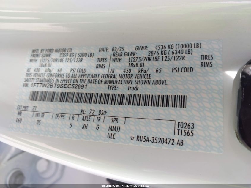 2025 Ford F-250 Xlt VIN: 1FT7W2BT9SEC52691 Lot: 43405383
