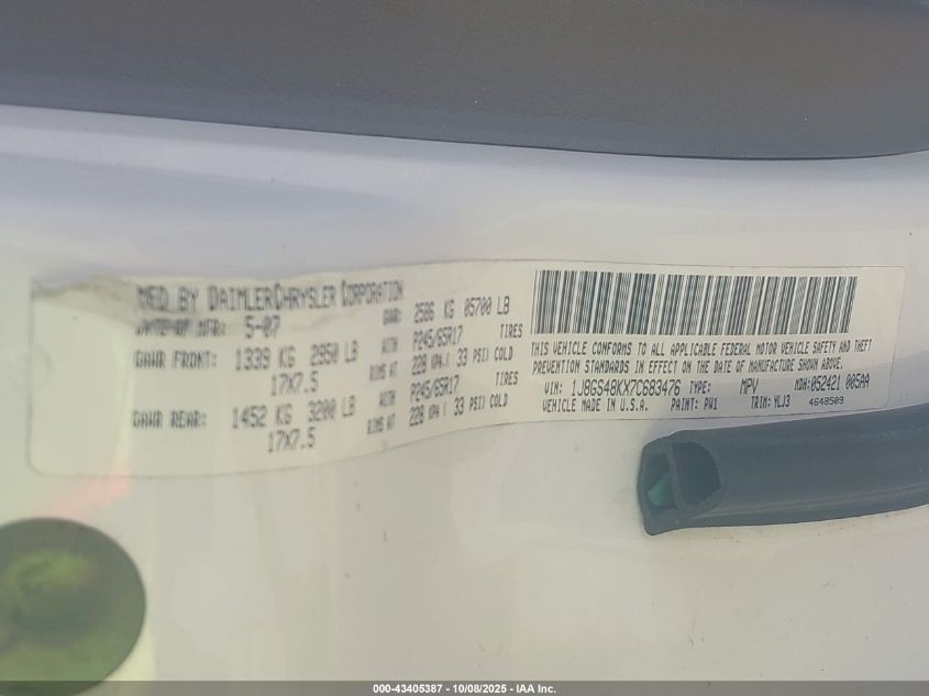 2007 Jeep Grand Cherokee Laredo VIN: 1J8GS48KX7C683476 Lot: 43405387