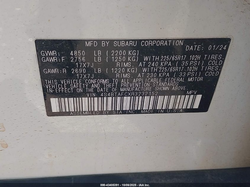 2024 Subaru Outback Premium VIN: 4S4BTAFCXR3232152 Lot: 43405391
