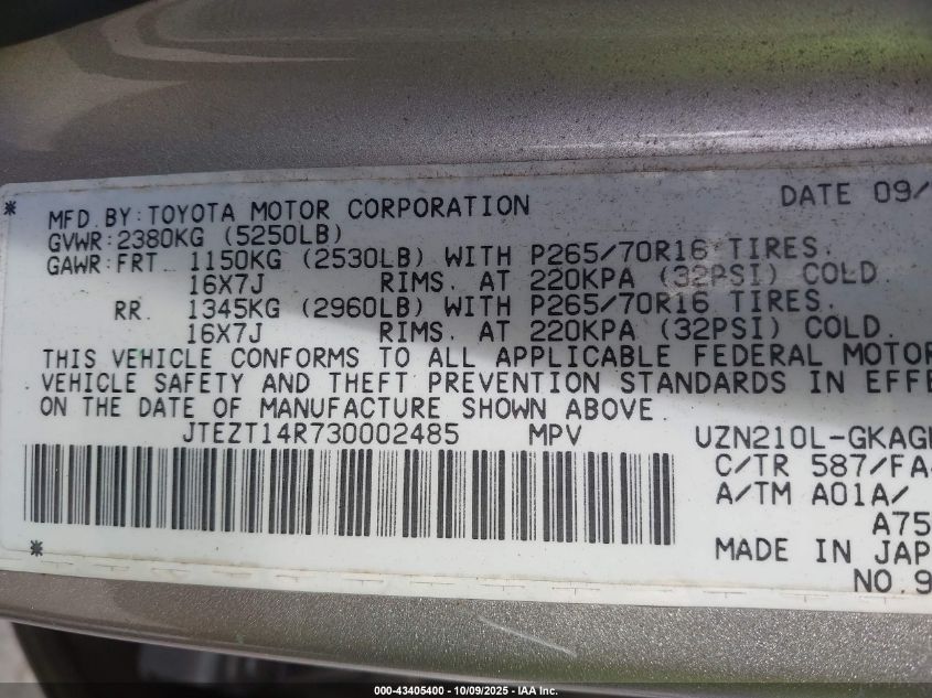 2003 Toyota 4Runner Sr5 V8 VIN: JTEZT14R730002485 Lot: 43405400