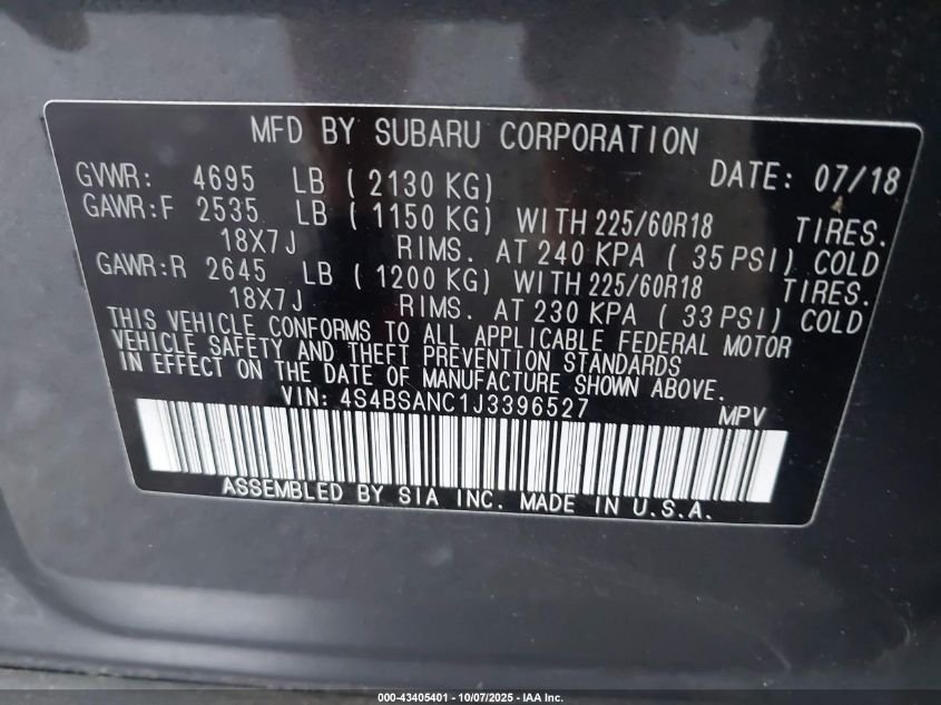 2018 Subaru Outback 2.5I Limited VIN: 4S4BSANC1J3396527 Lot: 43405401