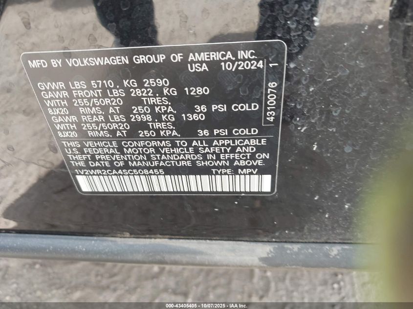 2025 Volkswagen Atlas 2.0T Se W/Technology VIN: 1V2WR2CA4SC508455 Lot: 43405405