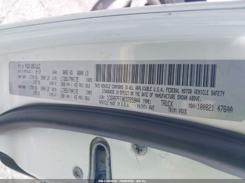 2019 Ram 1500 Classic Tradesman 4X4 6'4 Box VIN: 1C6RR7FT0KS725944 Lot: 43405418