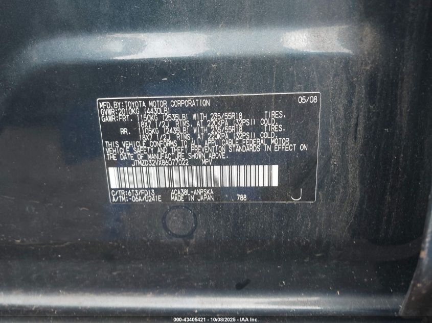 2008 Toyota Rav4 Sport VIN: JTMZD32VX86077022 Lot: 43405421