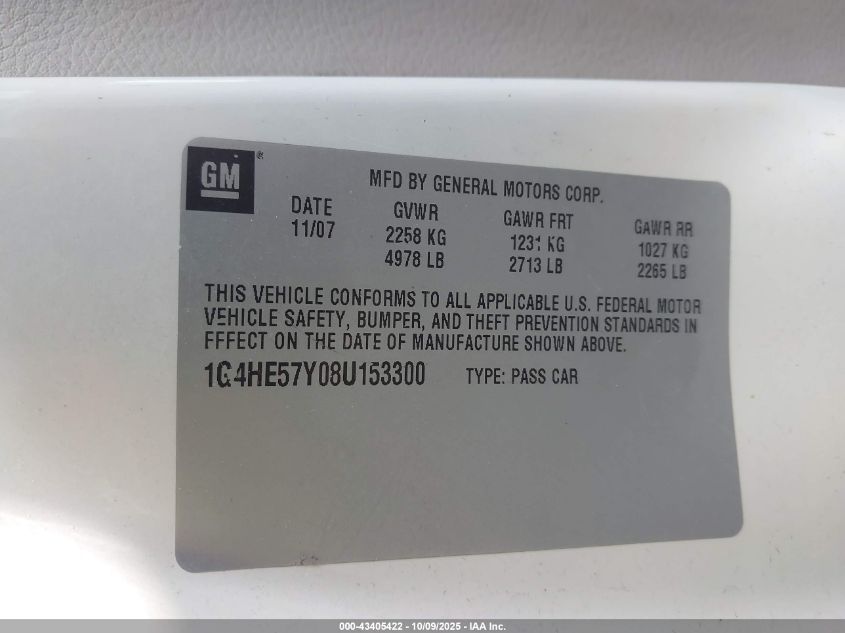 2008 Buick Lucerne Cxs VIN: 1G4HE57Y08U153300 Lot: 43405422