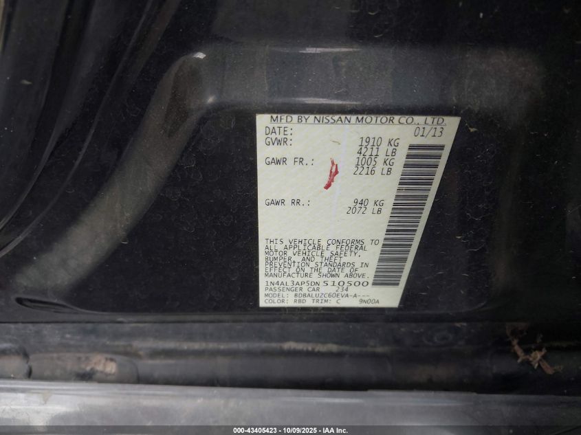 2013 Nissan Altima 2.5 Sv VIN: 1N4AL3AP5DN510500 Lot: 43405423
