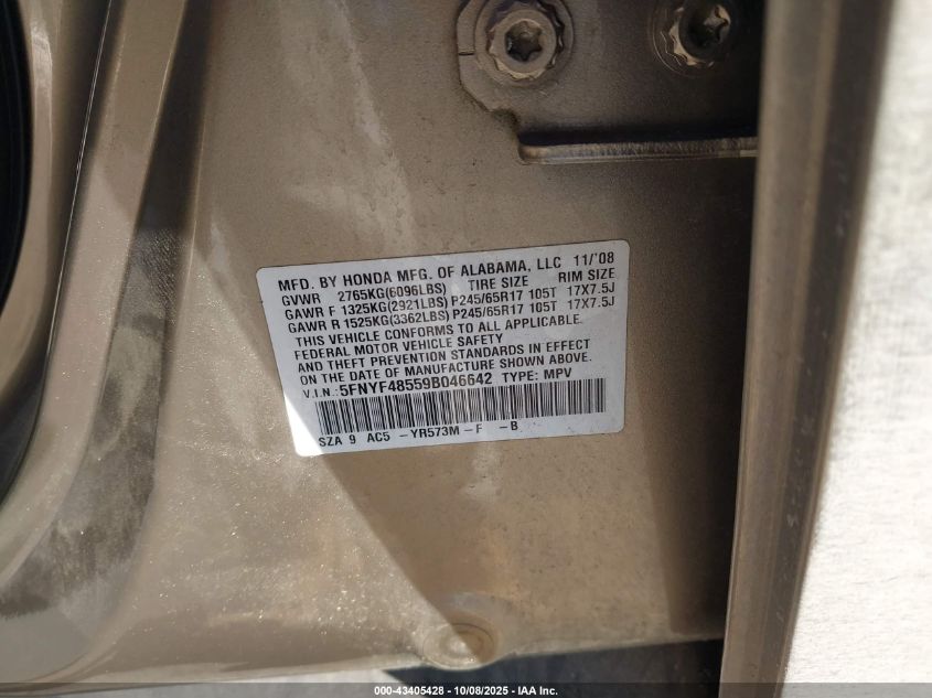 2009 Honda Pilot Ex-L VIN: 5FNYF48559B046642 Lot: 43405428
