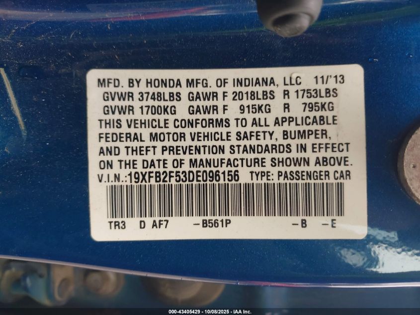 2013 Honda Civic Lx VIN: 19XFB2F53DE096156 Lot: 43405429