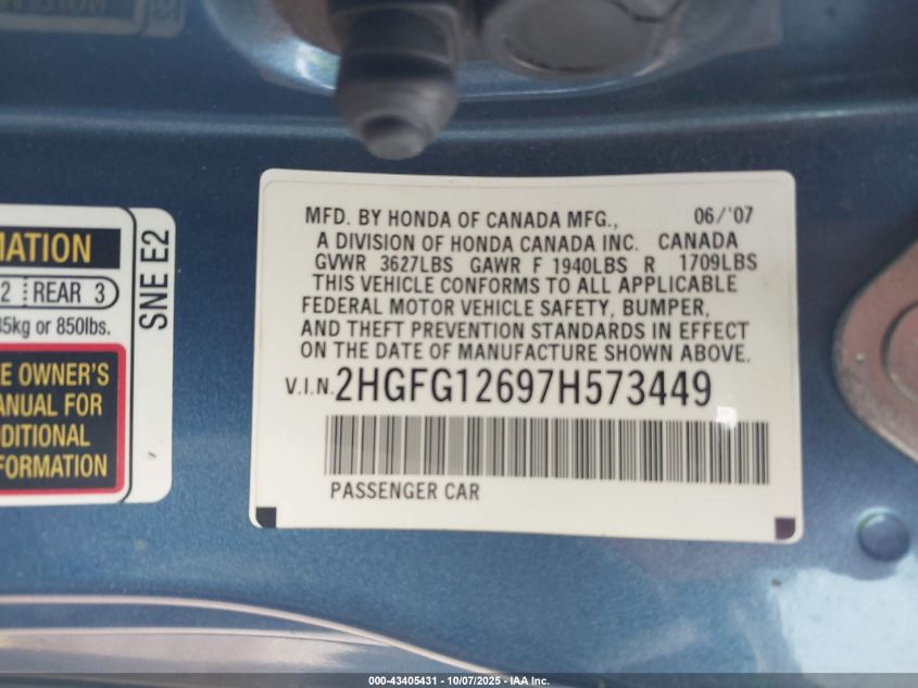 2007 Honda Civic Lx VIN: 2HGFG12697H573449 Lot: 43405431