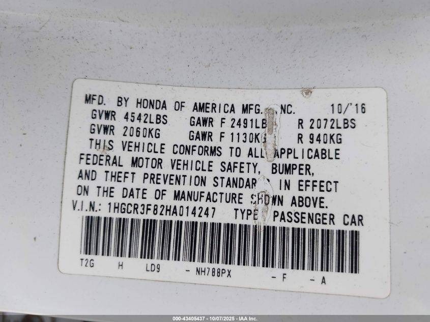 2017 Honda Accord Ex-L V6 VIN: 1HGCR3F82HA014247 Lot: 43405437