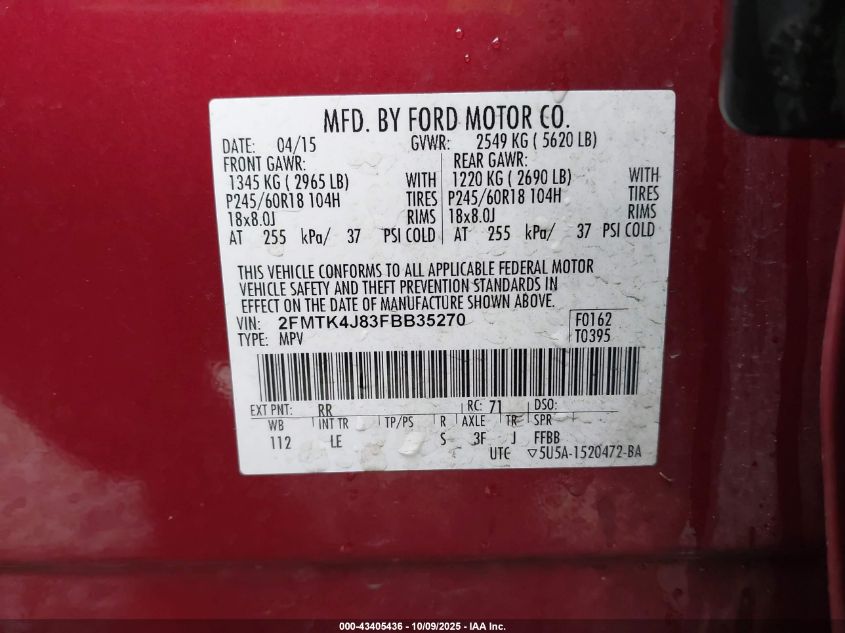 2015 Ford Edge Sel VIN: 2FMTK4J83FBB35270 Lot: 43405436