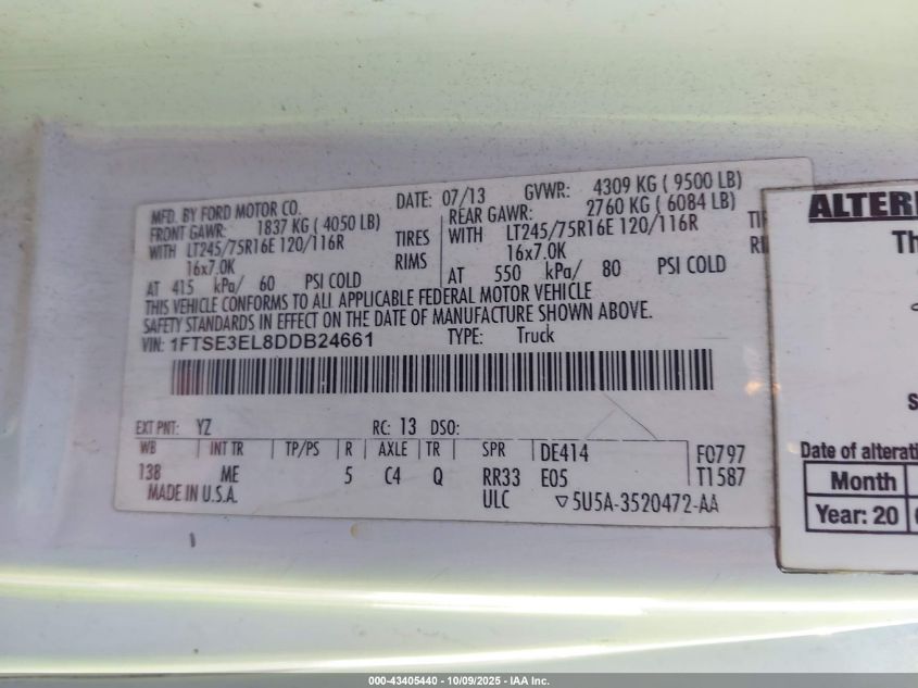 2013 Ford E-350 Super Duty Commercial VIN: 1FTSE3EL8DDB24661 Lot: 43405440