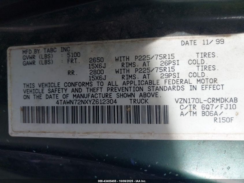 2000 Toyota Tacoma Base V6 VIN: 4TAWN72NXYZ612304 Lot: 43405455