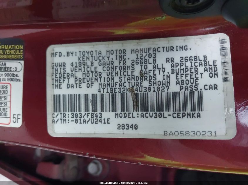 2004 Toyota Camry Le VIN: 4T1BE32K54U301027 Lot: 43405459