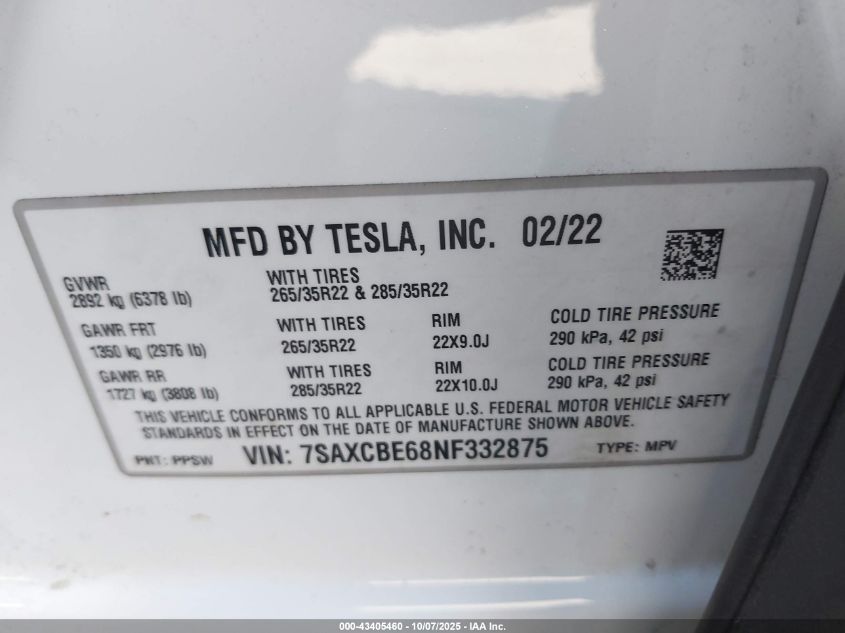 2022 Tesla Model X Plaid Tri Motor All-Wheel Drive VIN: 7SAXCBE68NF332875 Lot: 43405460