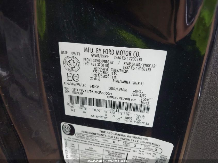 2013 Ford F-150 Xlt VIN: 1FTFW1ET6DKF88031 Lot: 43405462