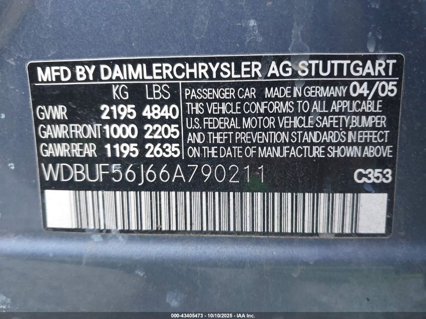 2006 Mercedes-Benz E 350 VIN: WDBUF56J66A790211 Lot: 43405473