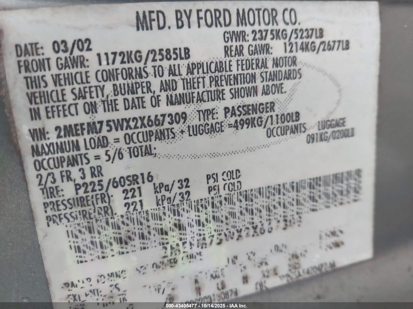 2002 Mercury Grand Marquis Ls VIN: 2MEFM75WX2X667309 Lot: 43405477