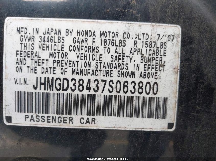 2007 Honda Fit VIN: JHMGD38437S063800 Lot: 43405478
