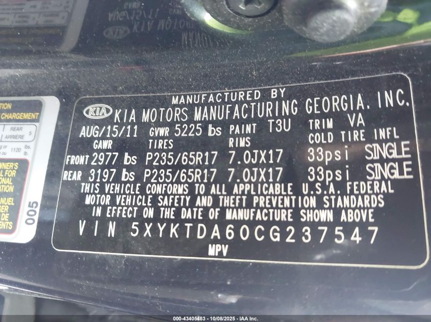 2012 Kia Sorento Lx VIN: 5XYKTDA60CG237547 Lot: 43405483