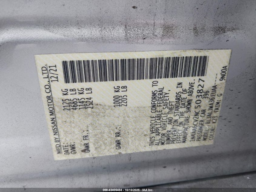 2022 Nissan Maxima Sv Xtronic Cvt VIN: 1N4AA6CV2NC503827 Lot: 43405484