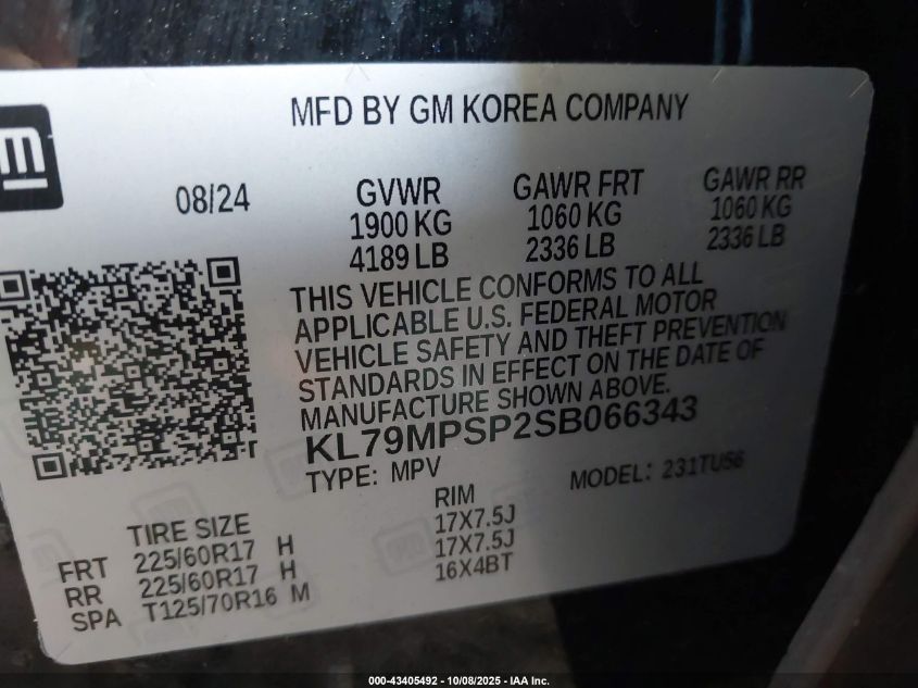 2025 Chevrolet Trailblazer Fwd Lt VIN: KL79MPSP2SB066343 Lot: 43405492