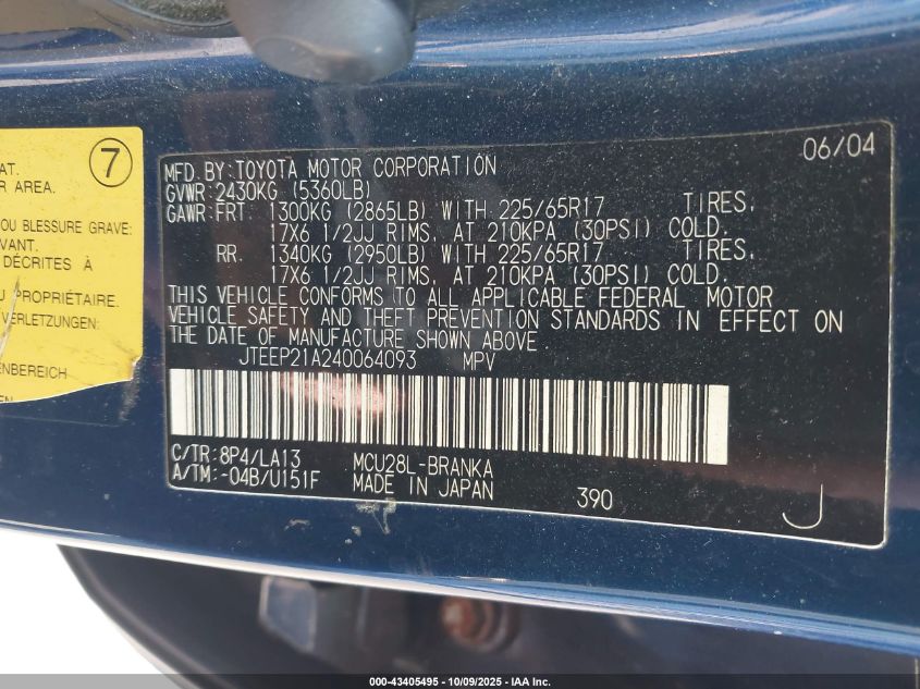 2004 Toyota Highlander Limited V6 VIN: JTEEP21A240064093 Lot: 43405495