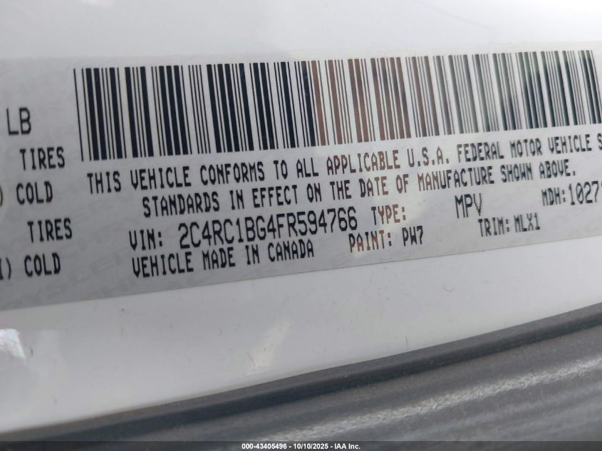 2015 Chrysler Town & Country Touring VIN: 2C4RC1BG4FR594766 Lot: 43405496