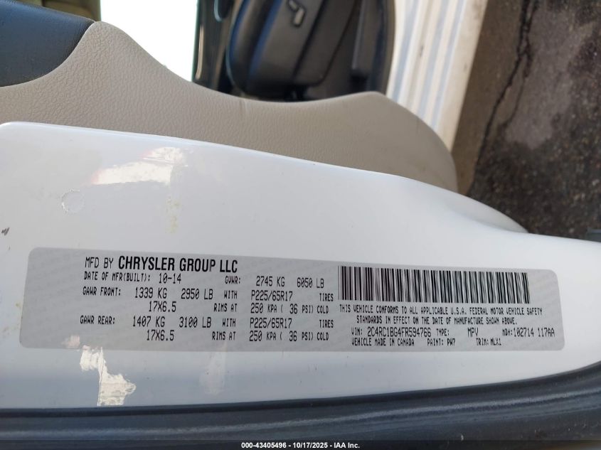 2015 Chrysler Town & Country Touring VIN: 2C4RC1BG4FR594766 Lot: 43405496